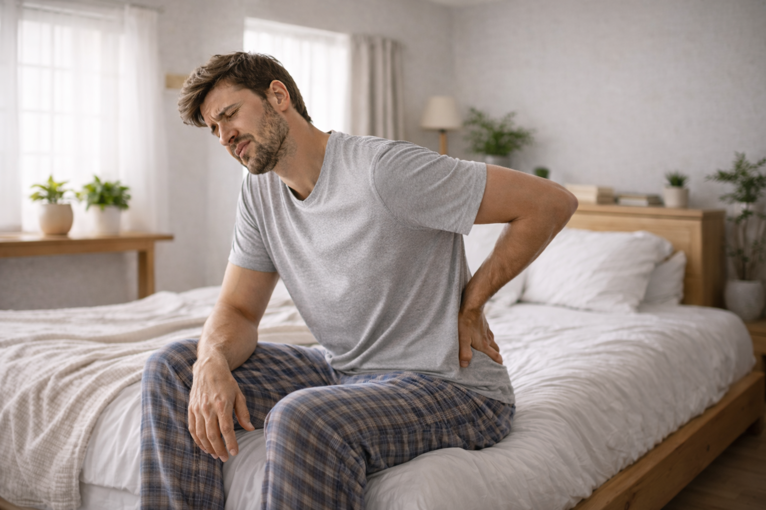man sitting on bed holding lower back
