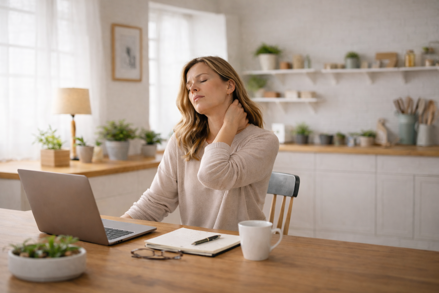 woman sitting at desk holding neck pain
